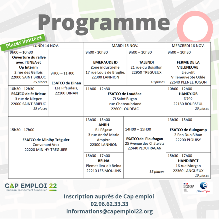 Programme du rallye avec les dates et adresses des visites des EA